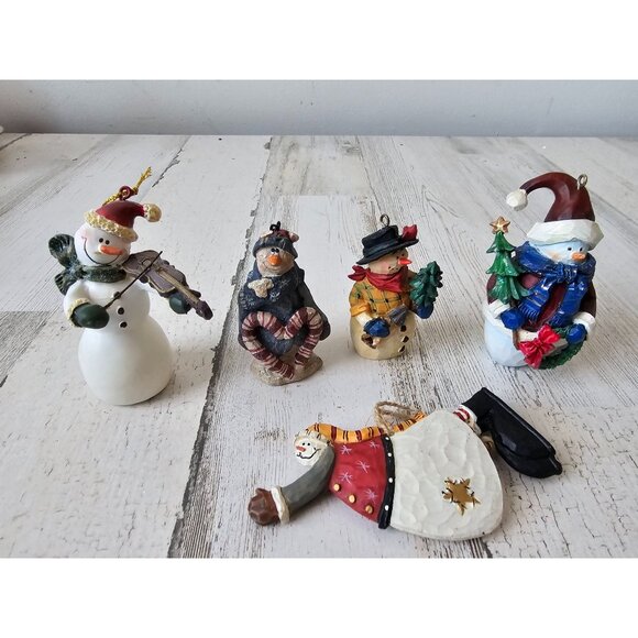 Snowman tree ornament country folk art set candy cane violin Xmas tree - Picture 1 of 10